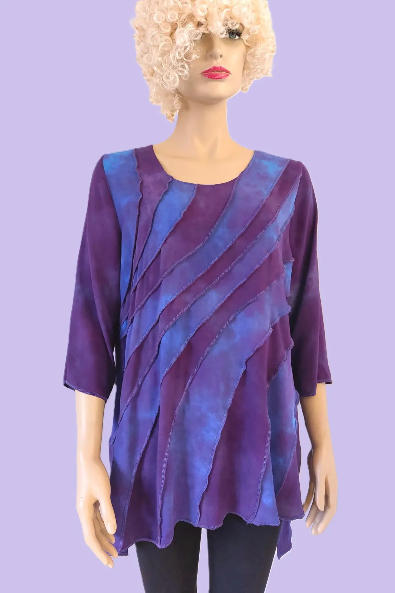 viscose blouse met diagonale ronde naden, paars - turquoise