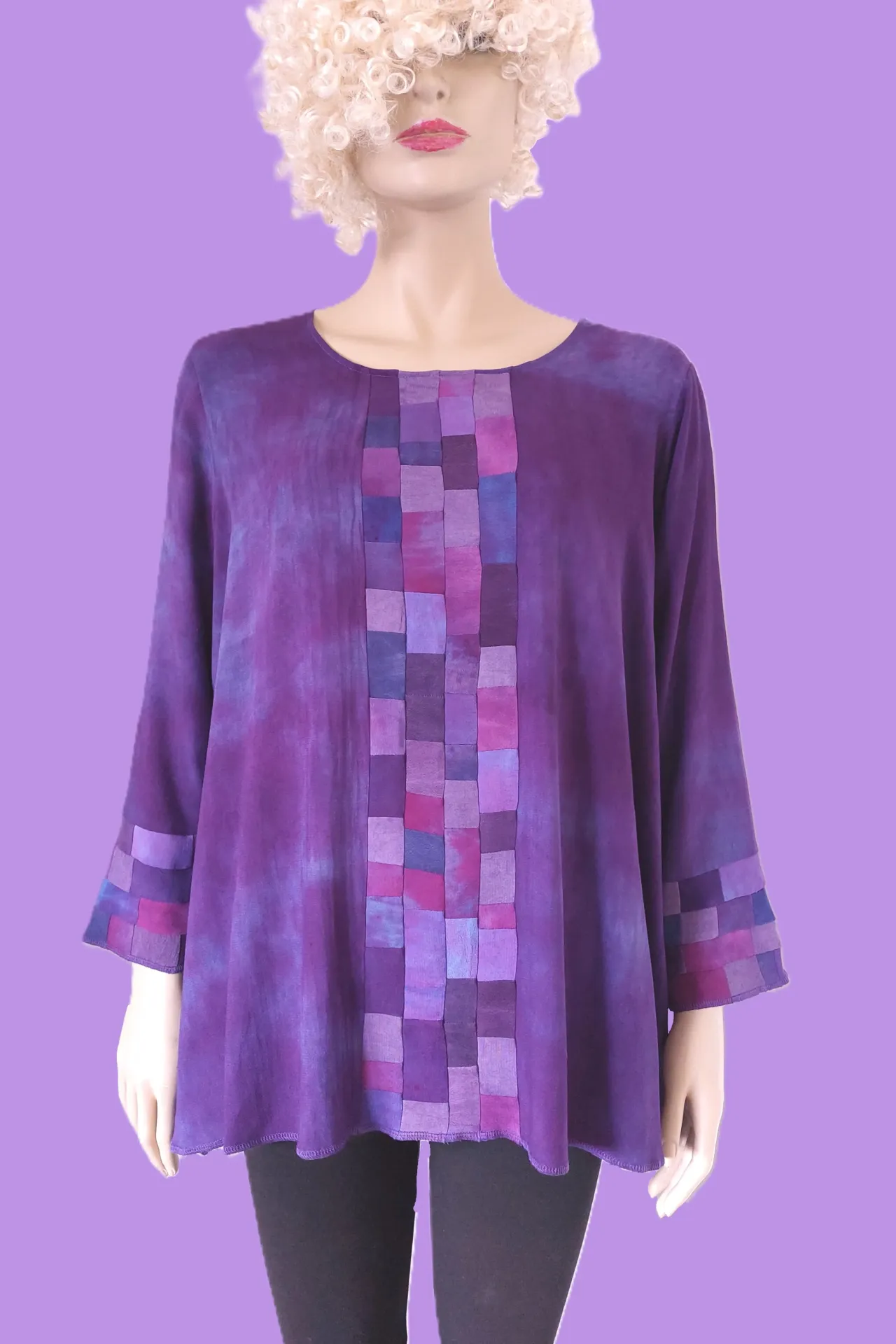 Paarse viscose blouse met extra klein patchwork (S, zeegroen tinten)