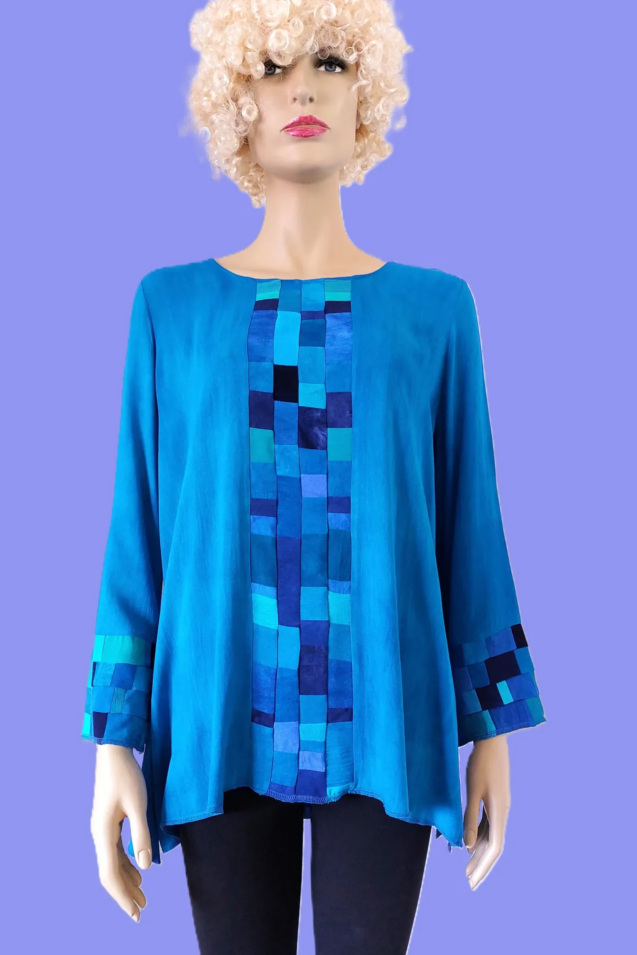 Turquoise viscose blouse met extra klein patchwork (S, zeegroen tinten)
