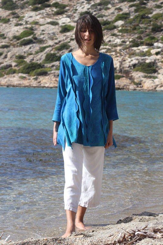 viscose blouse turquoise en zeegroen, handgeverfd (S, mosgroen tinten)