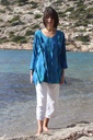 viscose blouse turquoise en zeegroen, handgeverfd
