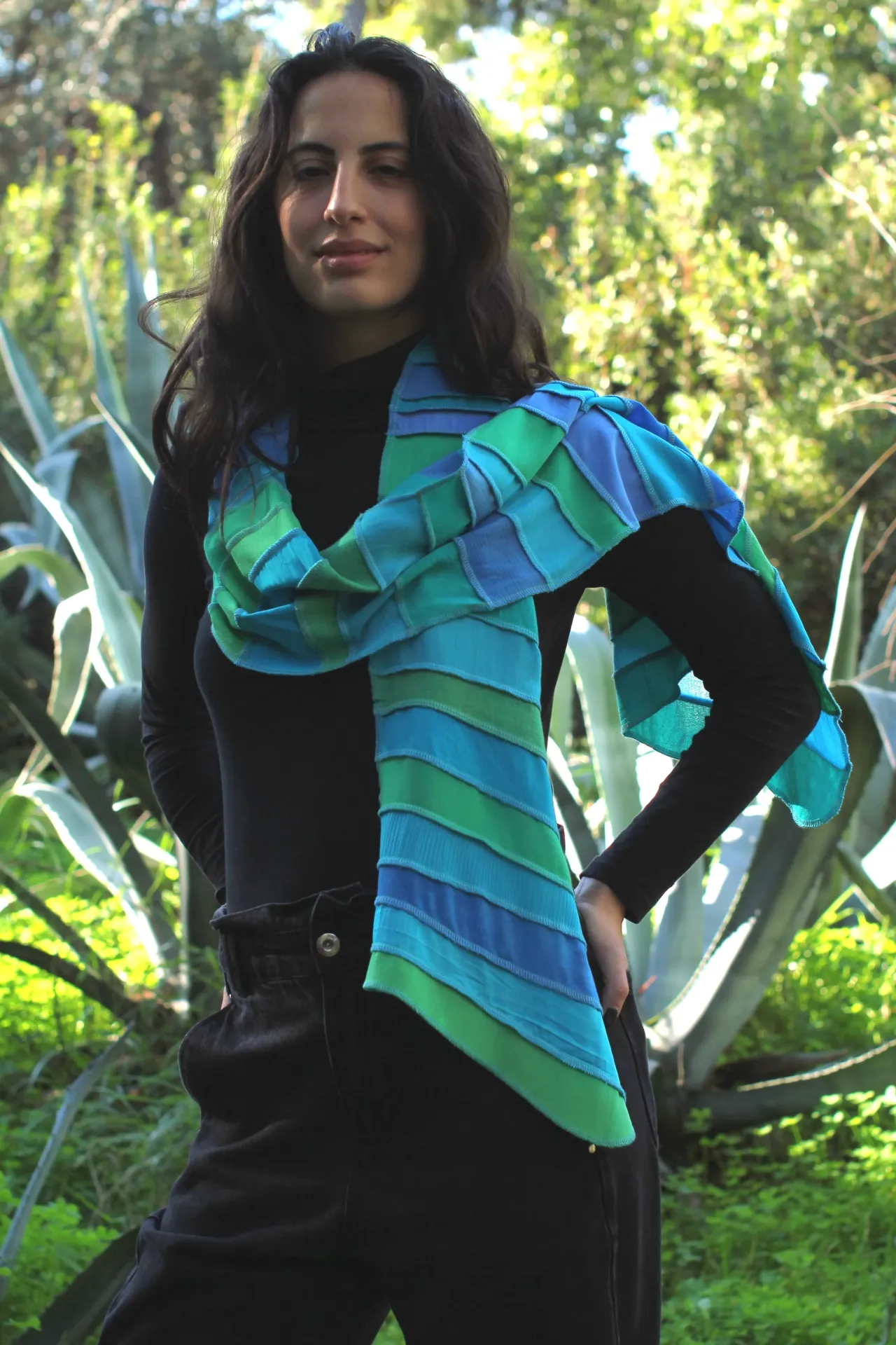 Viscose sjaal met pastel tinten: lentegroen, licht blauw, turquoise, aqua