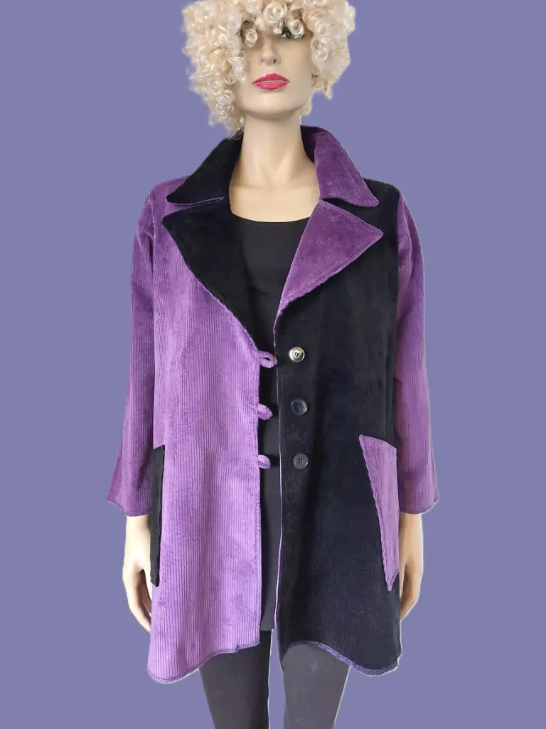 Langer paars-zwart jasje van ribfluweel (S, turquoise-kobalt blauw)