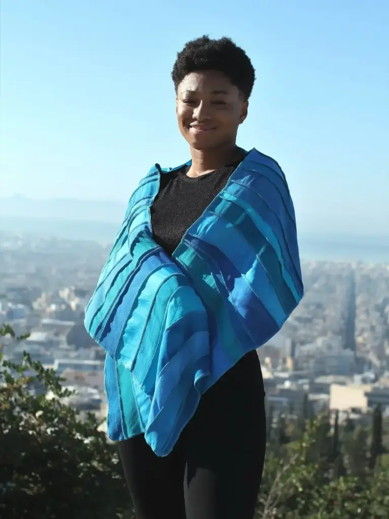 Viscose sjaal, gemaakt van restjes, blauw, turquoise, aqua