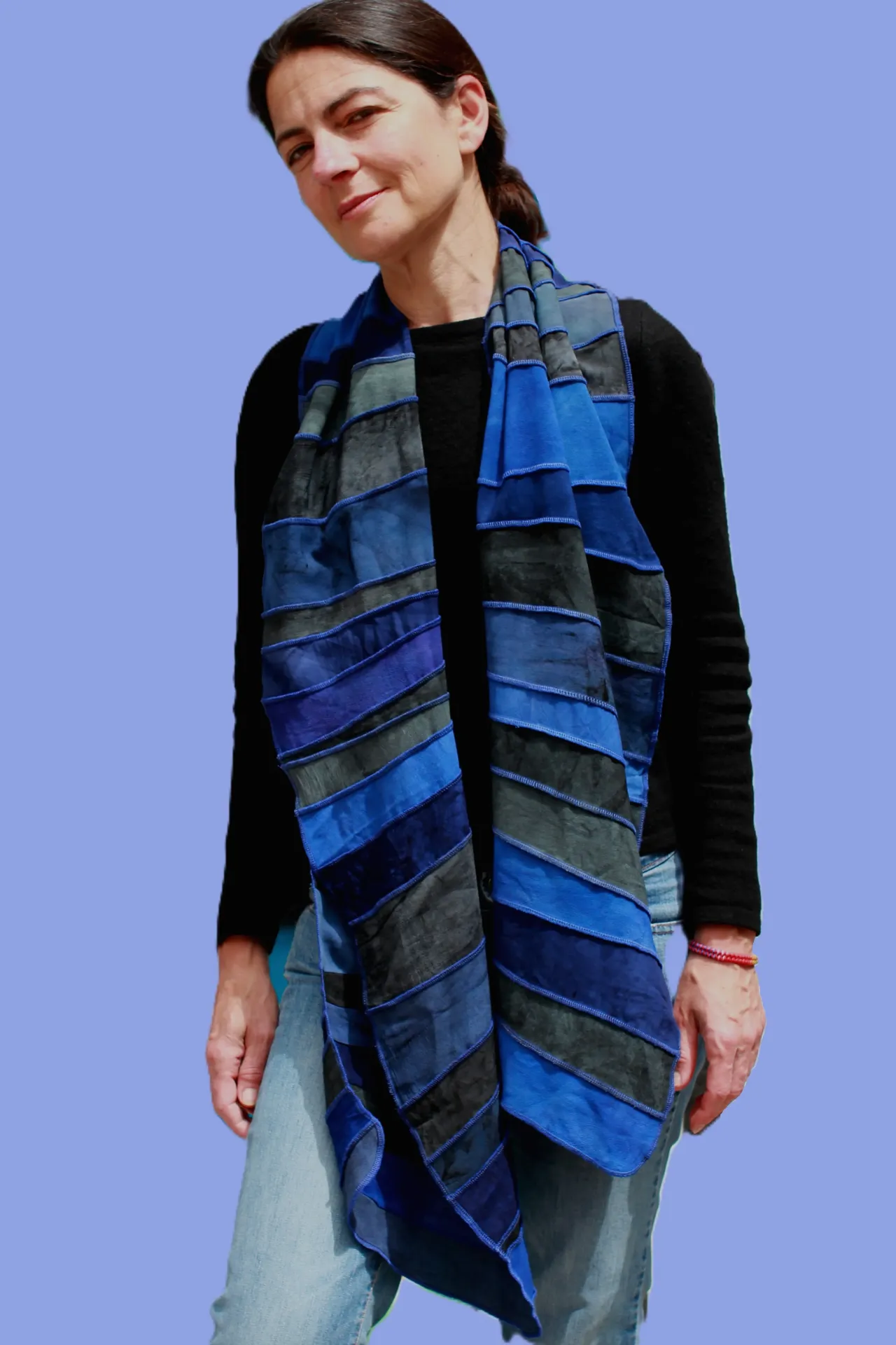 grijs-blauw-lavendel viscose sjaal, handgeverfd, handgemaakt