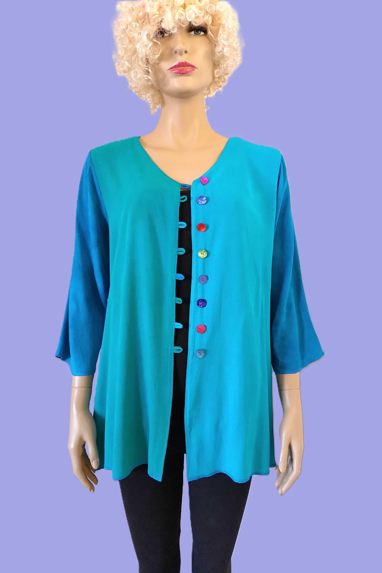 turquoise viscose blouse, kleurige knoopjes (S, mosgroen tinten)