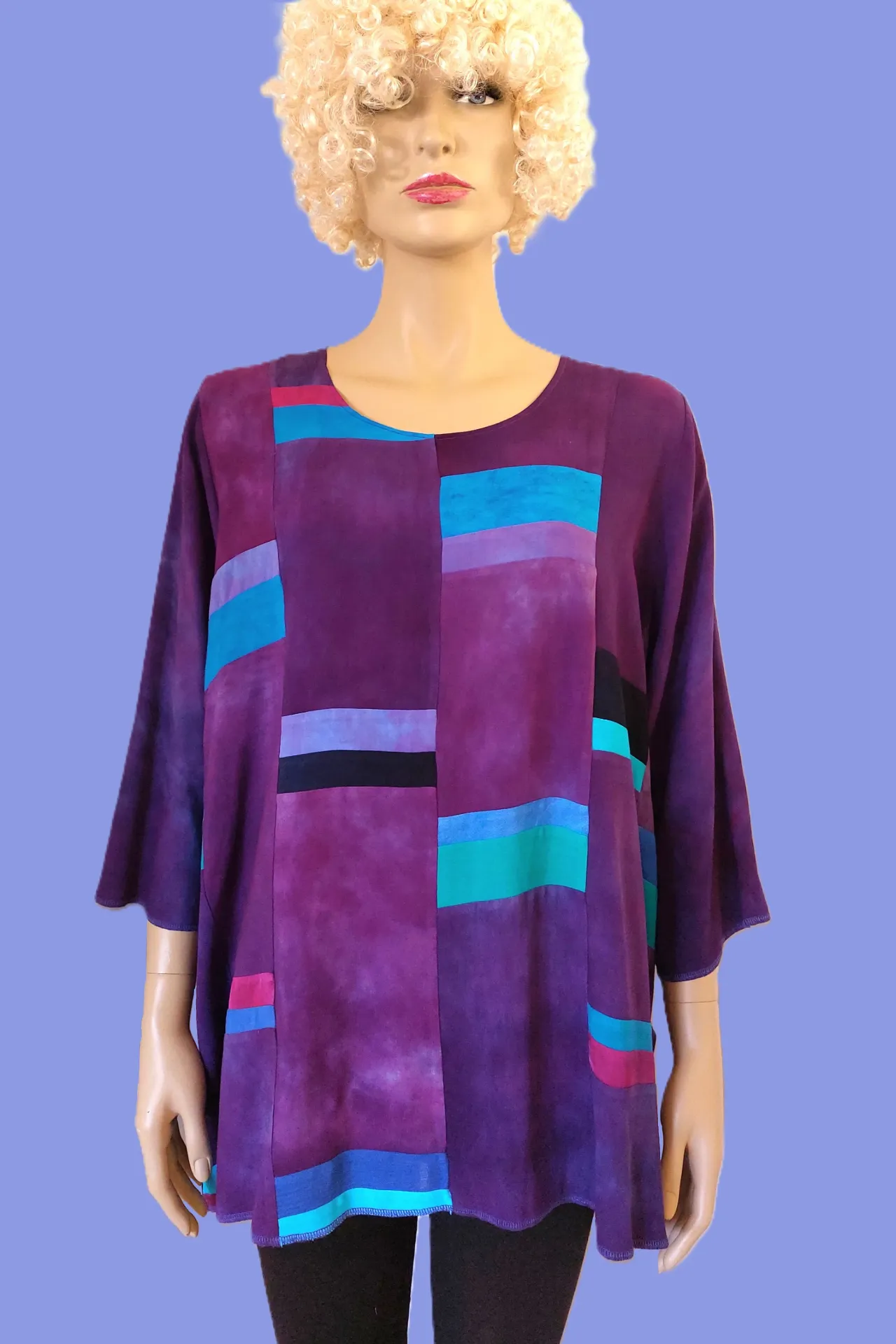 paarse viscose blouse, patchwork banen (S, mosgroen tinten)