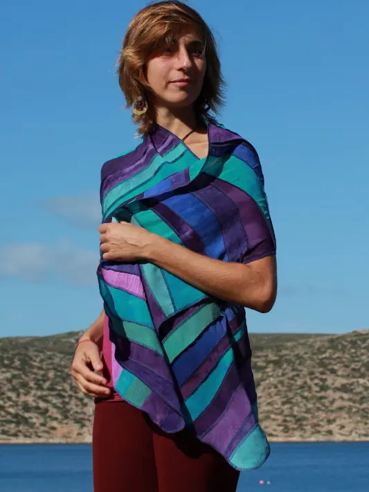 paars-blauw-zeegroene viscose sjaal, handgeverfd, handgemaakt, extra groot