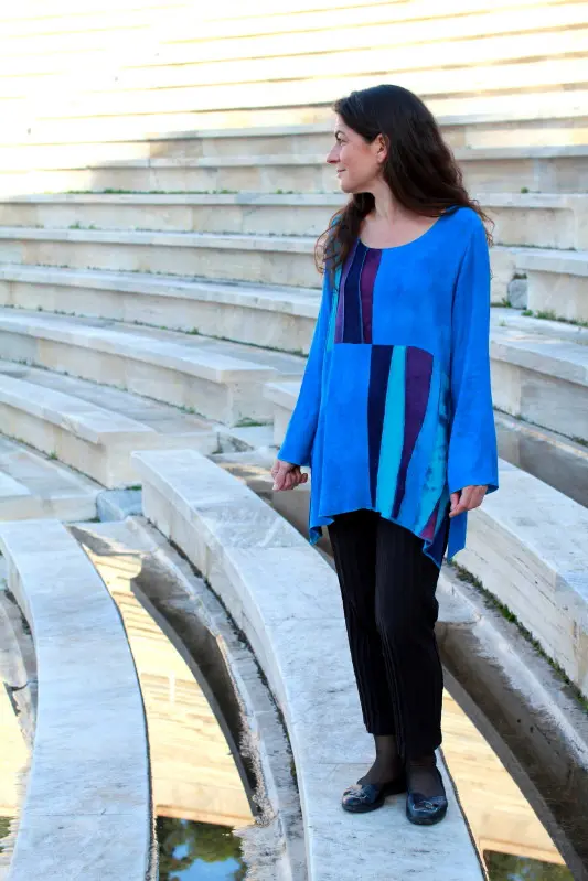 Viscose-linnen blouse, blauw paars turquoise navy, maat S en M