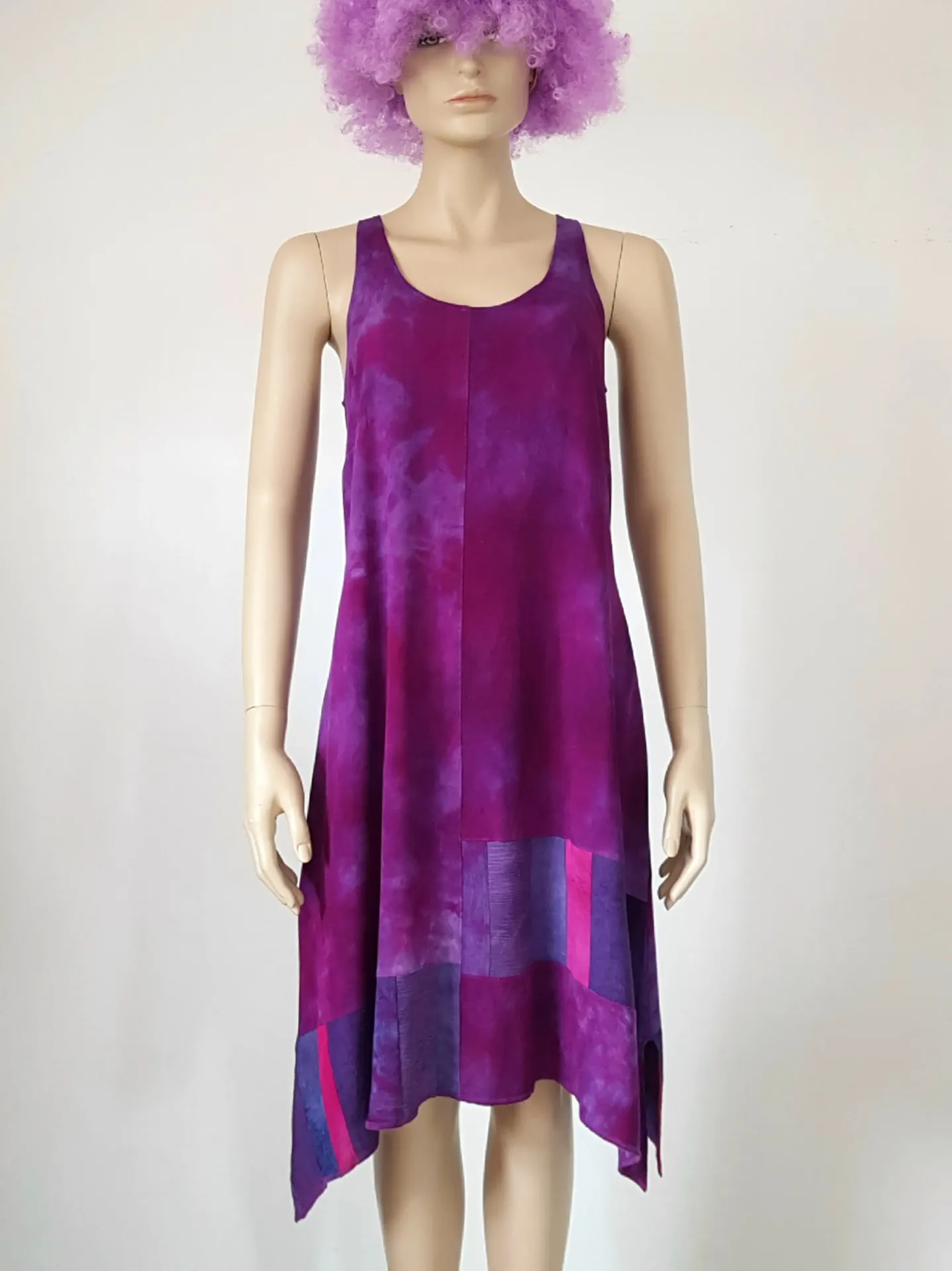 Paarse zomerjurk met patchwork banen (S, cyclaam-paars)