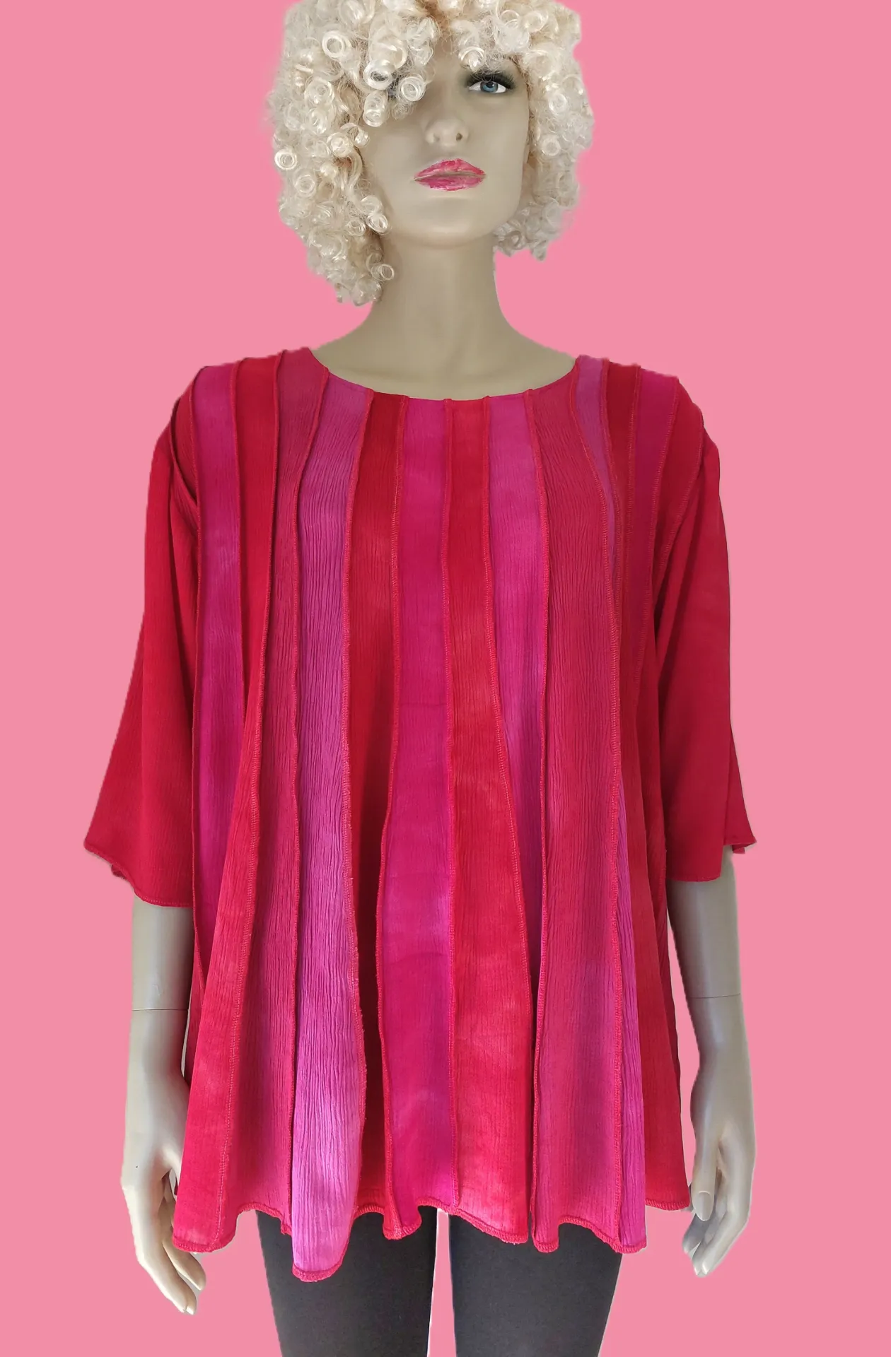 Crêpe viscose blouse, wijd uitlopend, allerlei tinten van rood tot roze (S, blauw-groen)