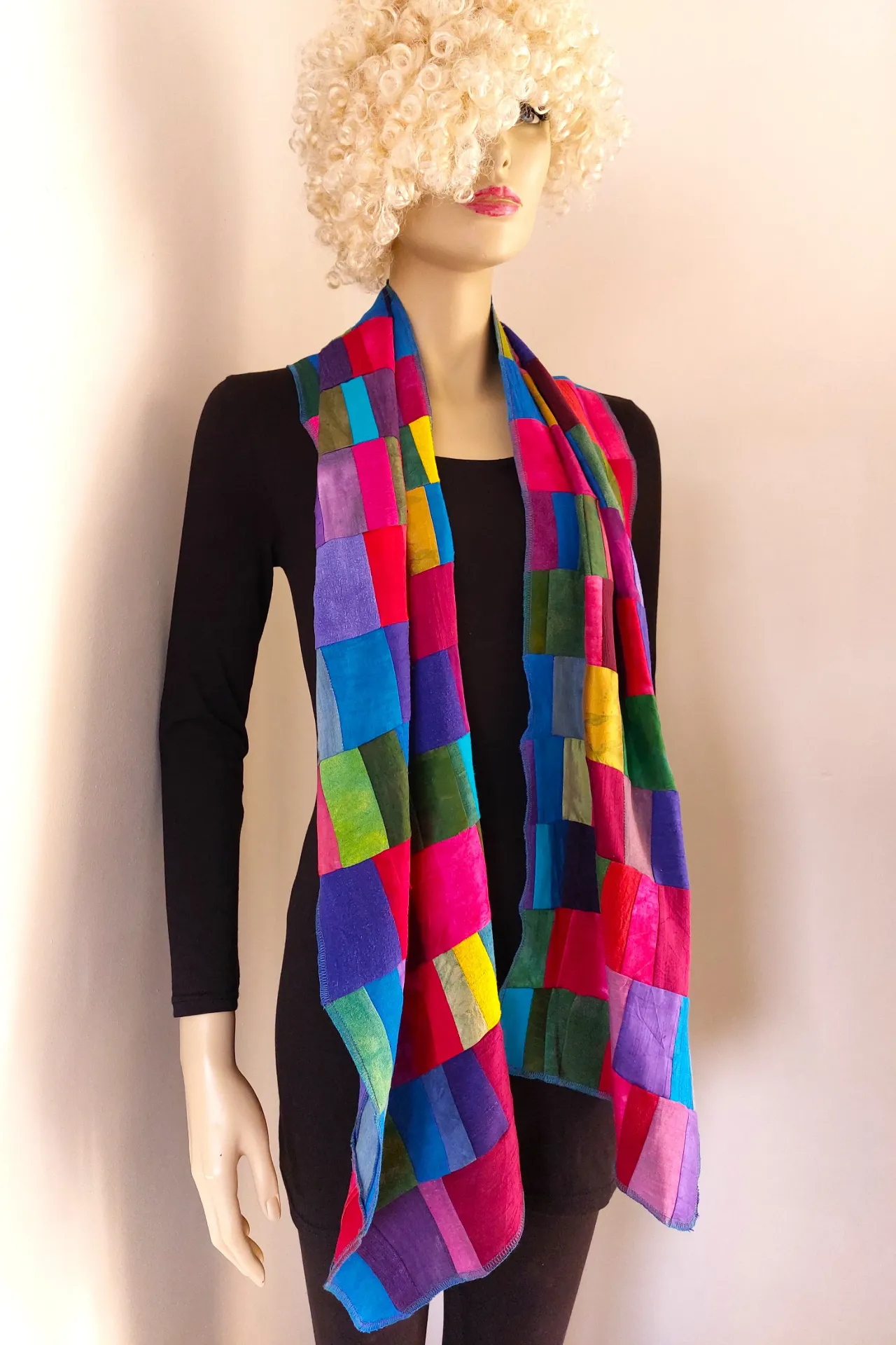 Zijden patchwork sjaal, alle kleuren van de regenboog, limited edition!!