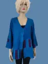 AANBIEDING! Mooi blauw linnen jasje met patchwork banen, maat XXL