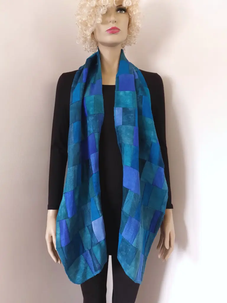 Unieke zijden patchwork sjaal! blauw groen petrol smaragd, limited edition!!