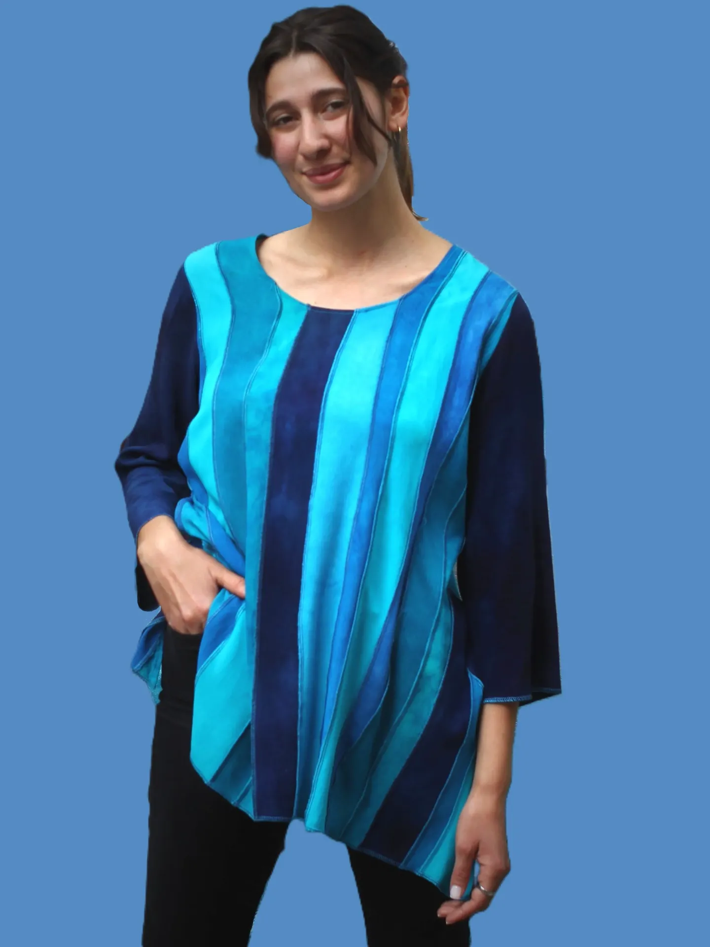 stof restjes worden weer bloezen, handgeverfd (S, petrol-groen-blauw)