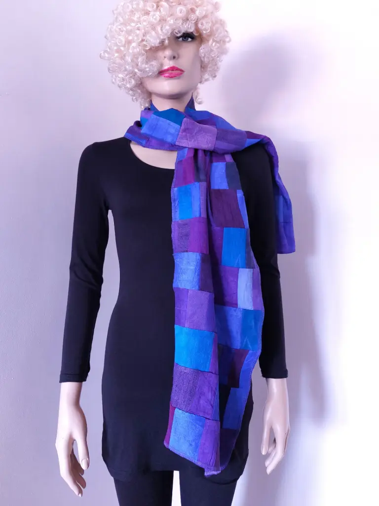 Zijden patchwork sjaal, blauw-paars, limited edition!!