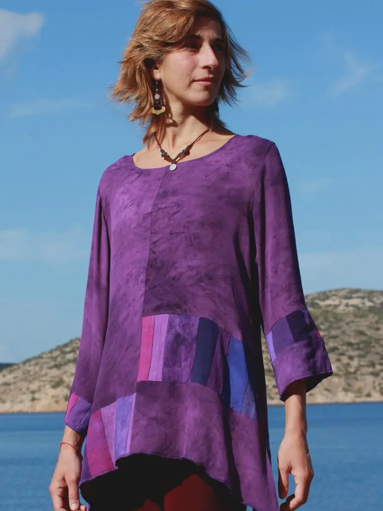 paarse viscose blouse, patchwork banen 