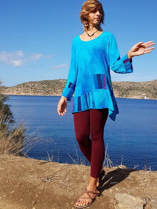 turquoise viscose blouse, patchwork banen