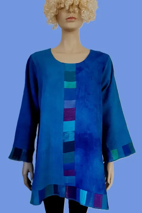 Linnen blouse met patchwork stroken (S, rood tinten)