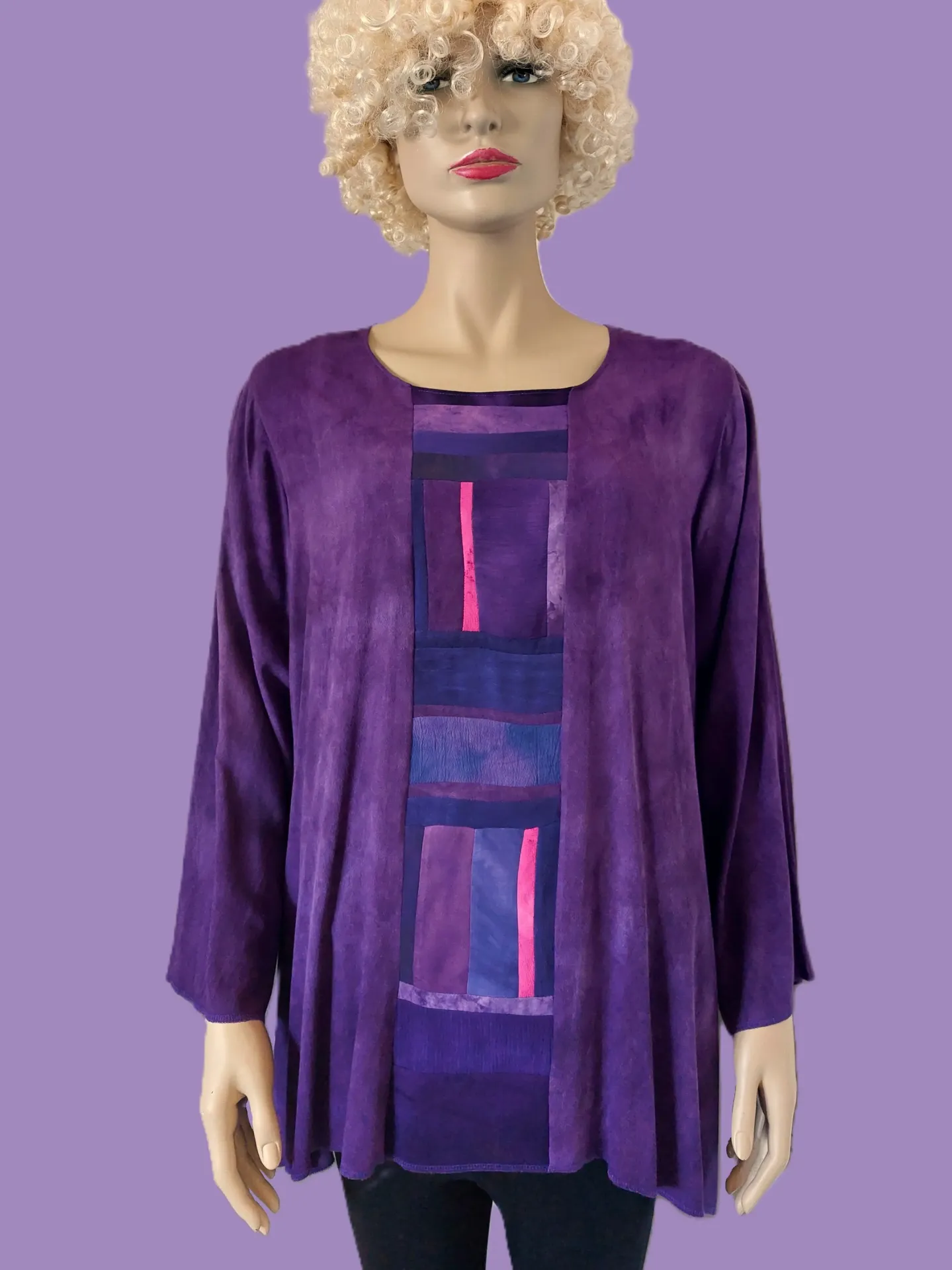 paarse blouse met patchwork baan (S, zeegroen tinten)