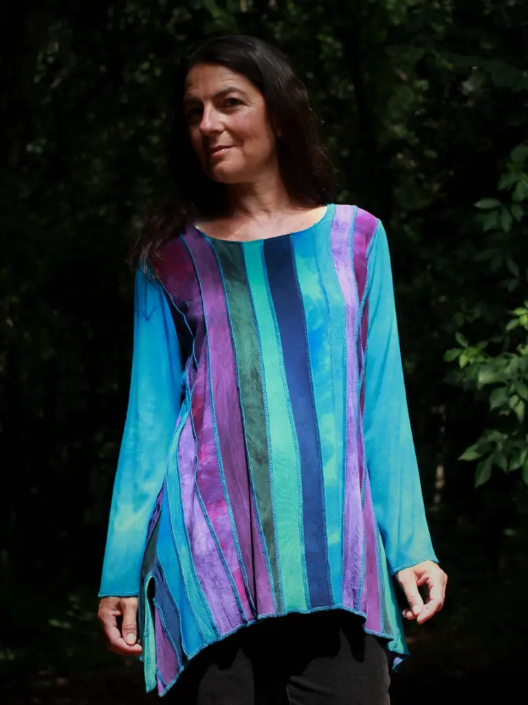 Viscose blouse, turquoise zeegroen paars groen-grijs (S, blauw-paars-zeegroen)